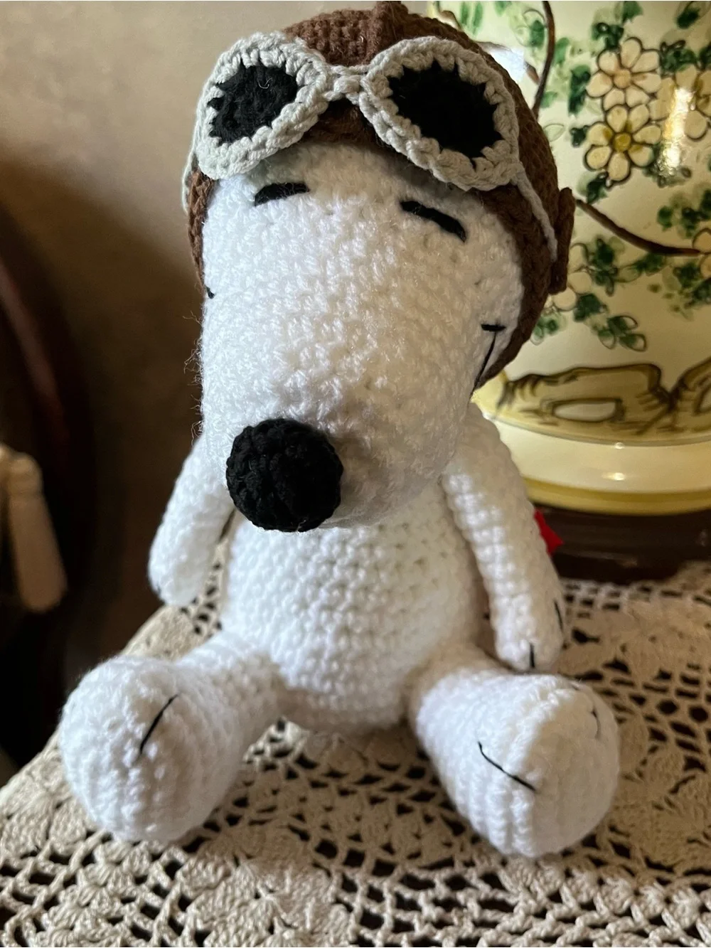 Handmade White Crochet Dog Plush with Brown Aviator Hat